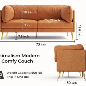 Vesgantti Leathaire Couch Loveseat Sofa, 73" Mid-Century Modern Couch with Deep Seat Comfort Cushions, Small Sofa Couches for Living Room, Bedroom, Office, Apartment, Tool-Free Assembly, Orange