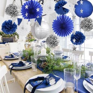 Navy Blue and Silver Christmas Party Decorations Paper Snowflake Fans Lanterns Navy Blue Silver and White Christmas Decorations for Navy Blue Birthday Baby Shower Bridal Shower Wedding Engagement