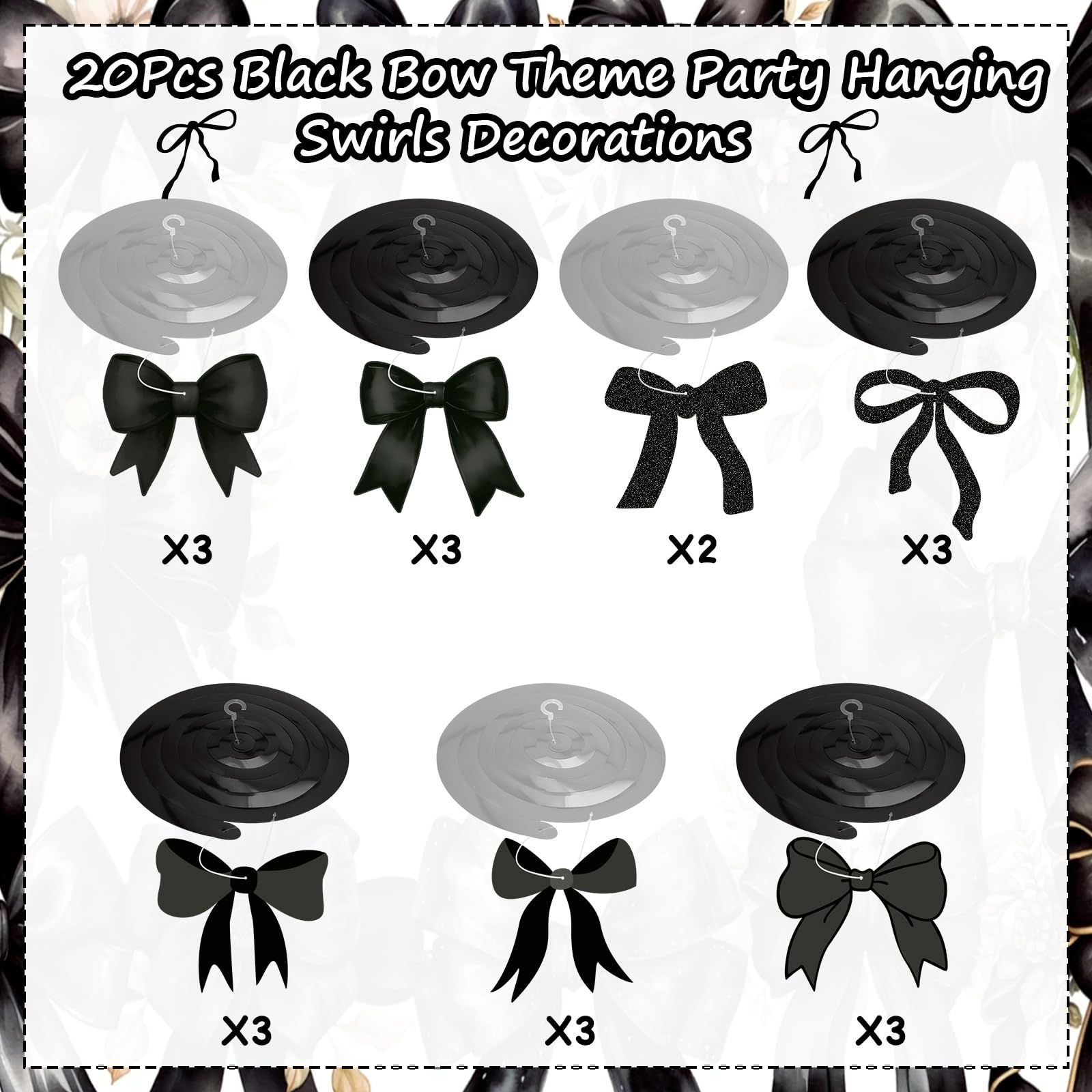 Bow Party Hanging Swirls Decorations, Black Bow Birthday Party Decortions, Coquette Birthday Party Bow Party Decorations for Tying The Knot Bridal Shower Bachelorette Bow Theme Party Decor