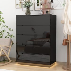 moumon high gloss dresser with led light chest of drawers, glossy 5 drawer dresser with curved edge, modern dresser for bedroom, black 31.5”w x 15.7”d x 42.6”h