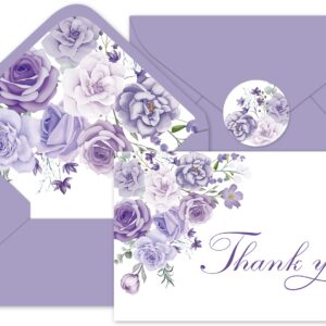 Whaline 24Pcs Lavender Floral Thank You Cards with Envelopes and Stickers Purple Floral Greeting Cards Elegant Flower Blank Note Cards for Party Supplies