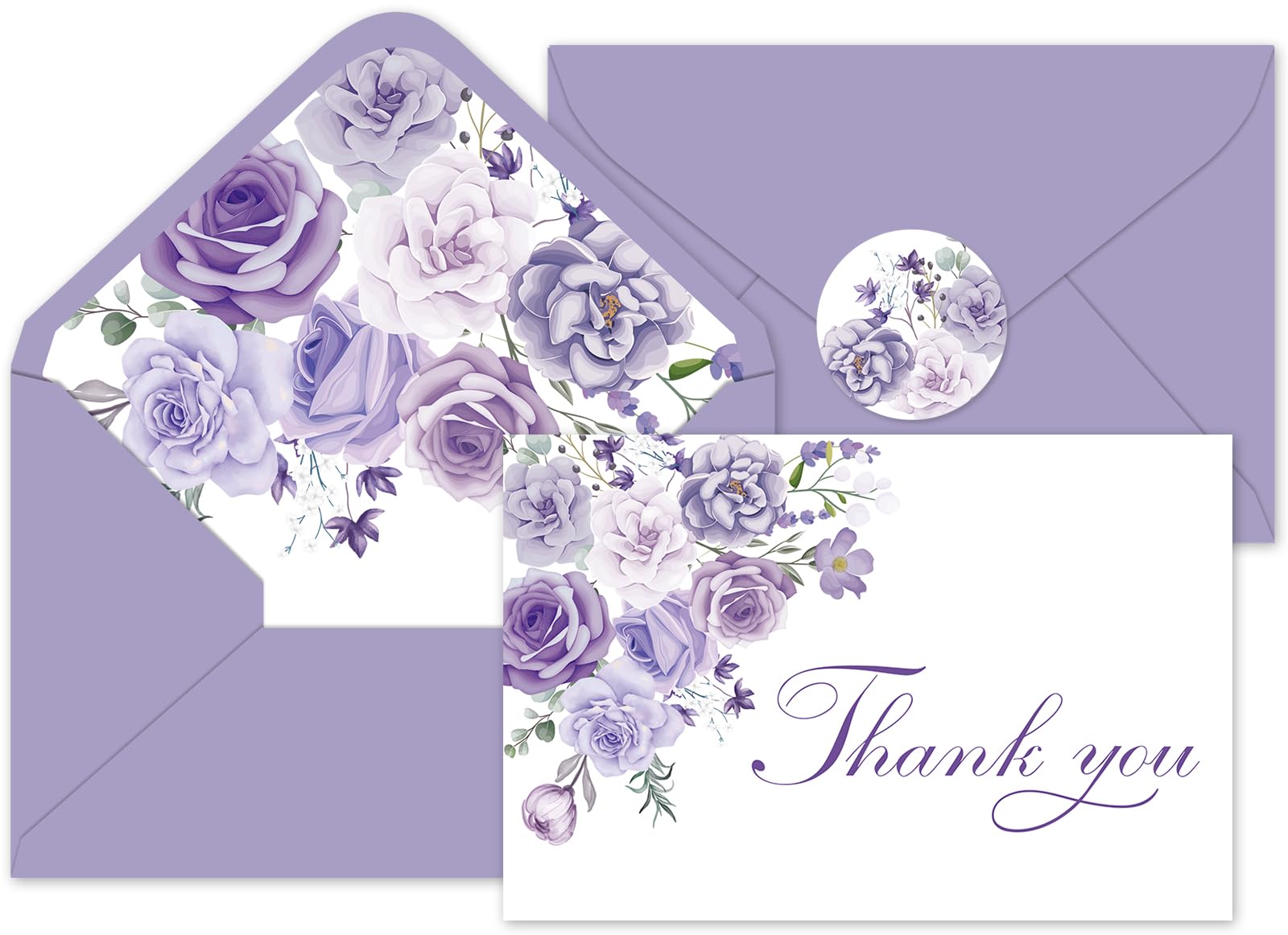 Whaline 24Pcs Lavender Floral Thank You Cards with Envelopes and Stickers Purple Floral Greeting Cards Elegant Flower Blank Note Cards for Party Supplies