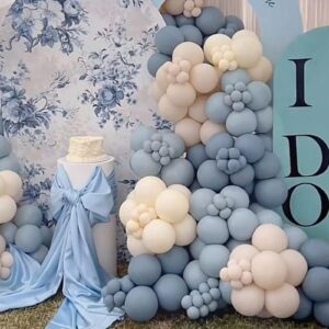 Dusty Baby Blue Balloon Arch Garland Kit,120Pcs Ivory White Retro Blue Bow Balloons Garland Kit Long Balloon as Bow Decor for Boy Baby Bridal Shower Birthday Wedding Party Decorations