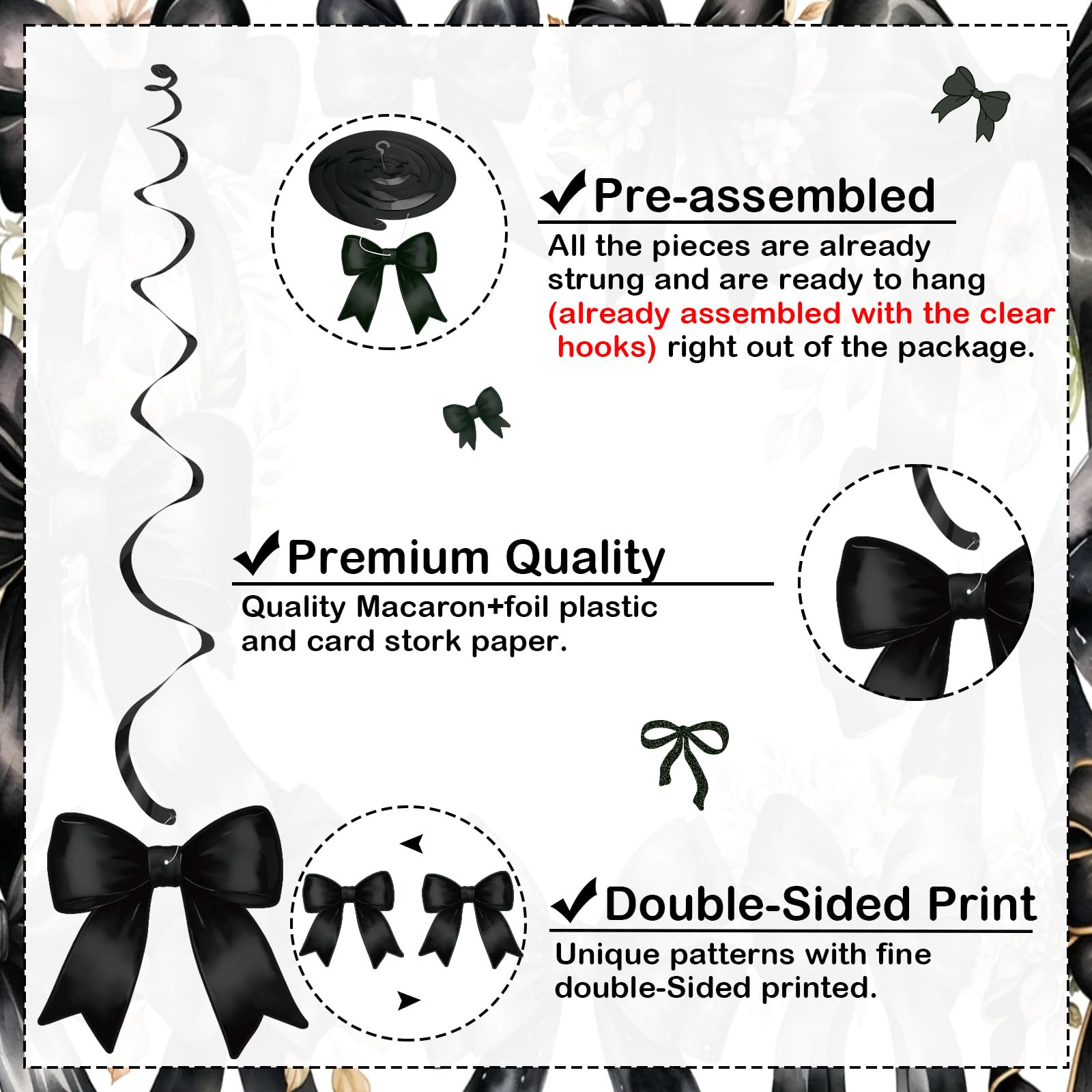 Bow Party Hanging Swirls Decorations, Black Bow Birthday Party Decortions, Coquette Birthday Party Bow Party Decorations for Tying The Knot Bridal Shower Bachelorette Bow Theme Party Decor