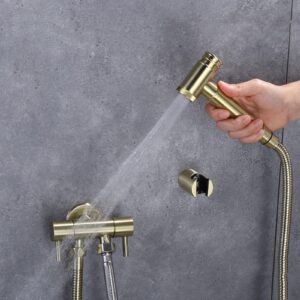 Handheld Bidet Sprayer Kit Brushed Gold Cold Water Tap Bidet Tap Sprayer Wall Mounted Double Handle Double Function Toilet Bidet Douche Spray, B