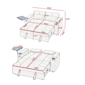 3 in 1 Queen Pull Out Sleeper Sofa Couch Bed ,Oversized Convertible Chenille Futon Loveseat Lounge Recliner with Reclining Backrest ,Storage Armrest ,USB Port,Side Table and Cupholders for Living Room