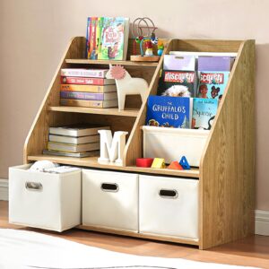 efurden kids bookshelf, kids toy storage organizer with storage bins, wooden bookshelf and book display shelf for bedroom, playroom, nursery, classroom, teak color