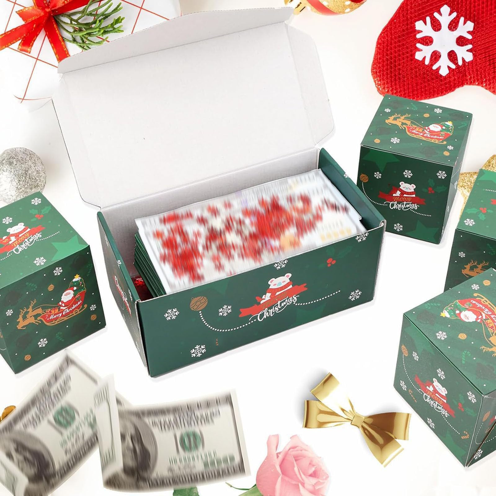 Merry Christmas Surprise Gift Box Explosion for Money - Money Gift Box Explosion with Reindeer Santa Claus- Pop Out Folding Bounce Explosion Gift Box (Green-9pc)