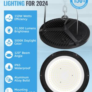 Fullmeii 10Pack 150W UFO LED High Bay Light, 21,000lm 5000K Daylight Commercial Lighting, IP65 Waterproof Shatterproof Fixture with 5' Cable, UL Listed for Industrial Warehouse