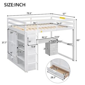 Full Size Loft Bed with Wardrobe and Desk, Wood Loft Bed Frame with Storage Shelves and Drawers for Adults Teens and Kids, White