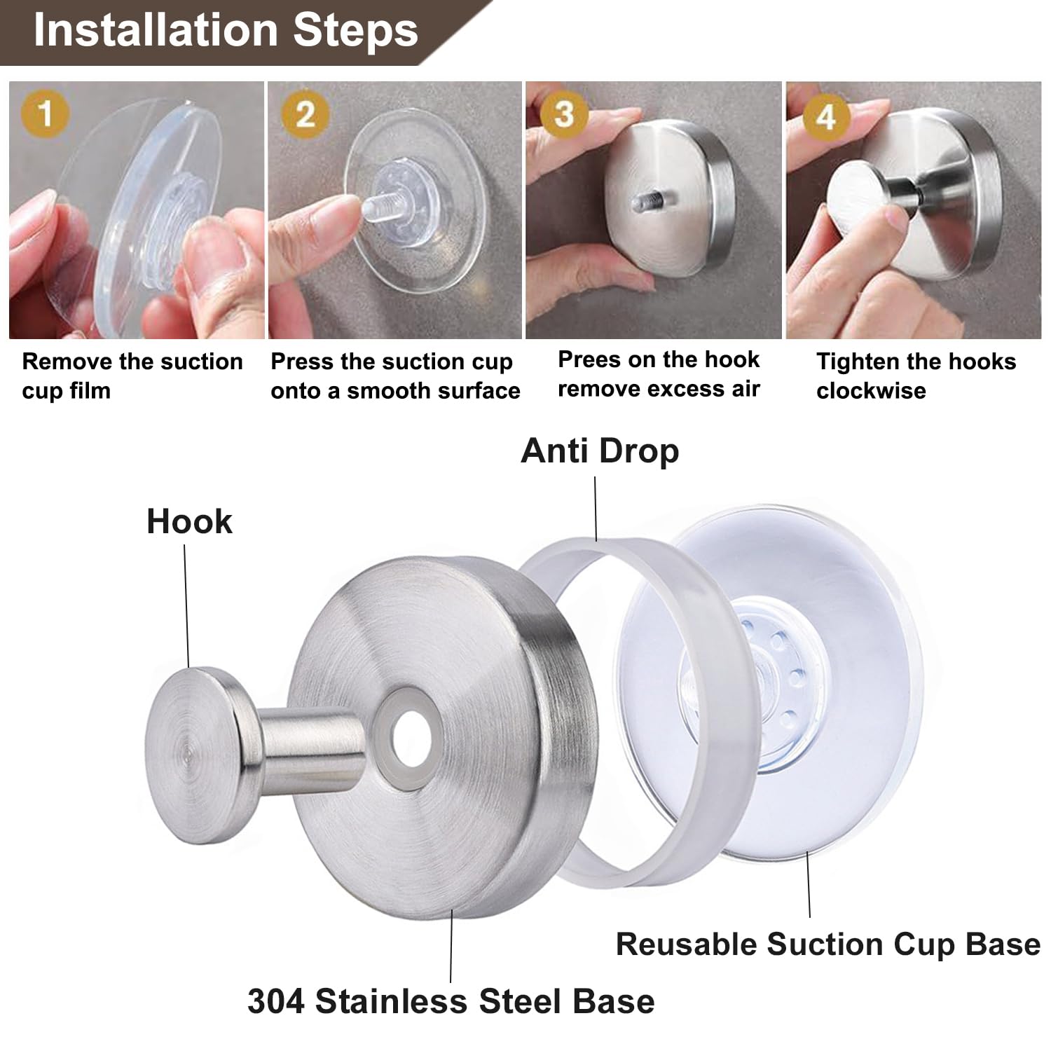 Hendiy Suction Cup Hooks, Towel Hooks for Bathrooms Stainless Steel Waterproof Suction Cup Hooks for Shower, Mounting on Glass Shower Doors, Tile, Suction Hooks on Bathroom or Kitchen 2 Pack