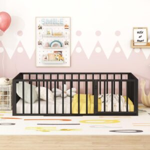 Merax Twin Size Montessori Floor Bed, Metal Toddler Bed Frame w/Convertible Door and Safety Fence, Floor-Bed-Frame for Children Bedroom, Toddlers, Boys Girls, Kids Playroom, Black