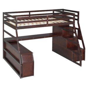 Full Size Loft Bed with Desk, Solid Wood Loft Bed Frame with 7 Drawers and 2 Shelves, Storage Cabinet, 68.3" High Loft Bed Frame with Storage Staircase, No Box Spring Required (Espresso/Full,90)