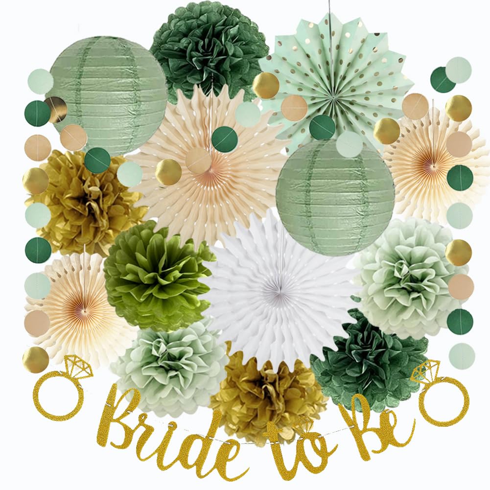 Sage Green Bridal Shower Decorations Bachelorette Party Decorations Bride To Be Banner Olive Sage Green and Gold Paper Pom Poms Wedding Engagement Party Decor