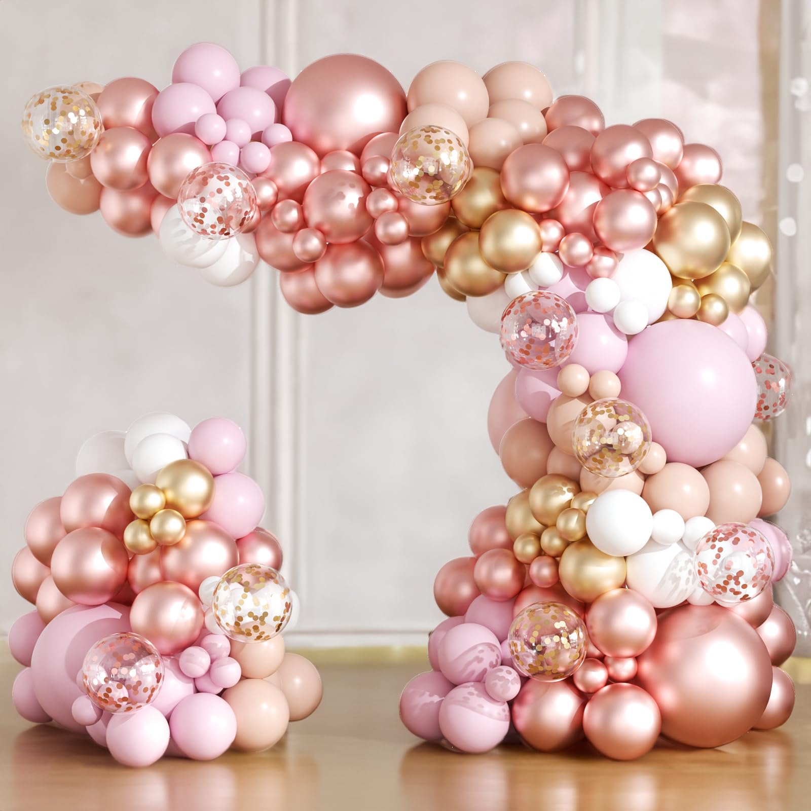 Rose Gold Balloons Arch Garland Kit 164pcs Pastel Pink Chrome Gold Balloon in Different Sizes with Confetti Balloons for Wedding Bridal Shower Princess and Girl Birthday Baby Shower Party Decorations