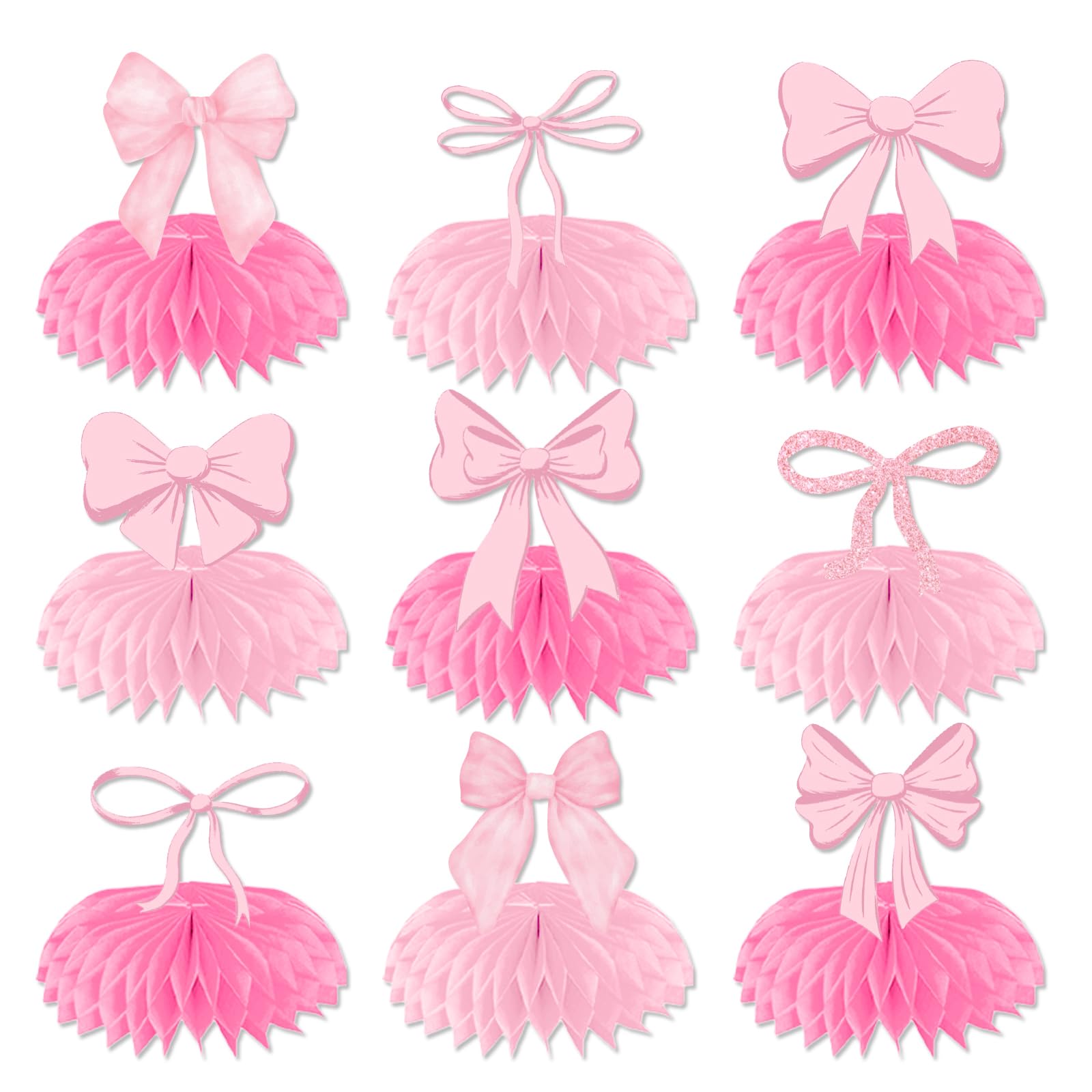 Pink Bow Party Decorations Honeycomb Centerpieces, 9Pcs Bow Coquette Birthday Decorations for Table, 3D Bow Birthday Decorations Coquette Baby Shower Decorations for Bow Birthday Baby Shower