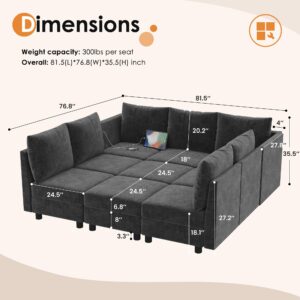 YOUDENOVA Modular Sectional Sleeper Sofa Set, 9 Seats Sleeper Couch with Storage, Sectional Sofa Couch with USB Charging Port, Modern Comfy Chenille Couch for Living Room, Dark Grey