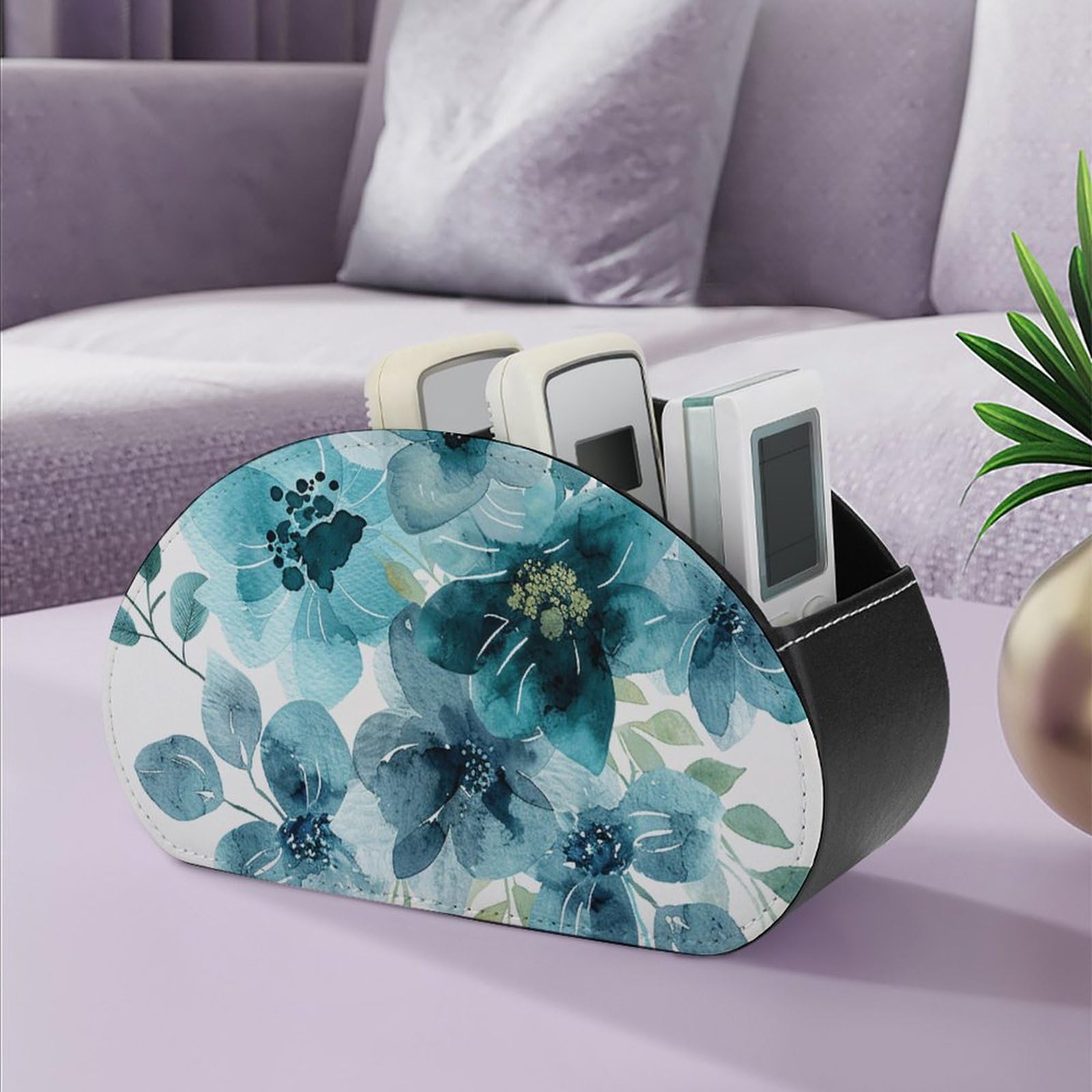 JTKLQBN Remote Control Storage Box, Cute Cyan And Blue Printed PU Leather Organizer Remote Control Holder with 5 Compartments Makeup Brush Storage Box for Bedroom Office