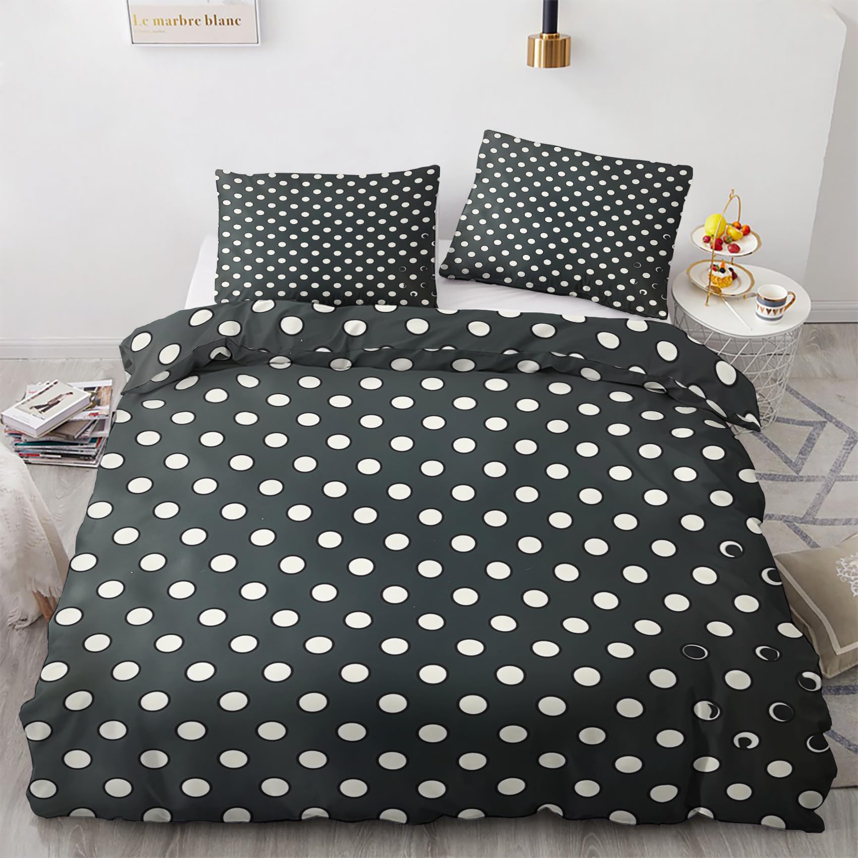 Zpryzmia Polka Dot Duvet Cover King Size Microfiber Duvet Cover Black Bedding Sets, 3 Pieces Ultra Soft Modern Art Duvet Covers with Zipper (King)