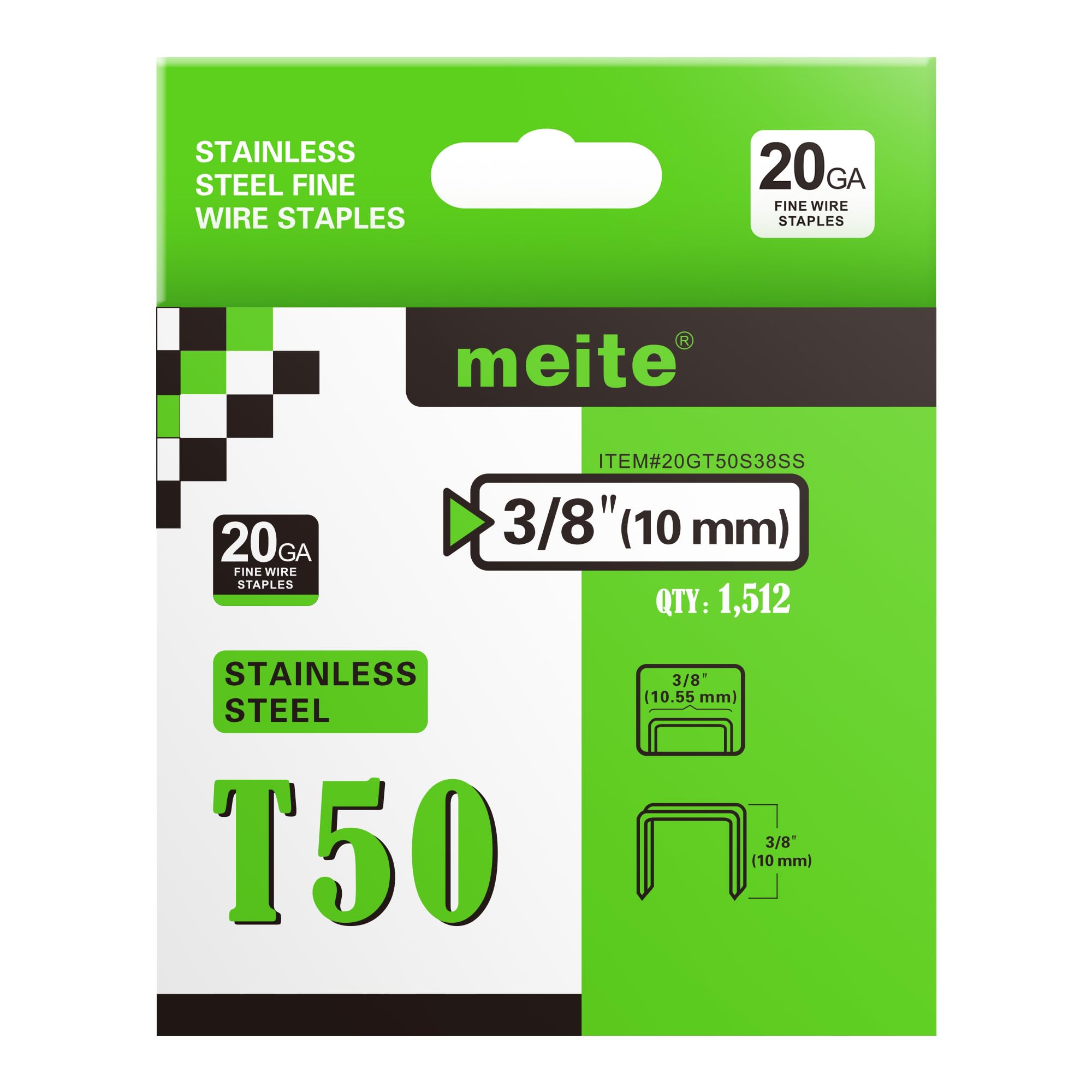 meite T50 Stainless Steel Staples, 3/8 Inch Heavy Duty 304 Stainless Steel Staples for Staple Gun - 1512 Counts, T50 Staple Gun Staples, 20 Gauge 3/8 Inch Crown Upholstery Staples