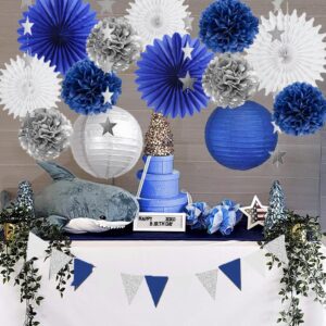 Navy Blue and Silver Christmas Party Decorations Paper Snowflake Fans Lanterns Navy Blue Silver and White Christmas Decorations for Navy Blue Birthday Baby Shower Bridal Shower Wedding Engagement