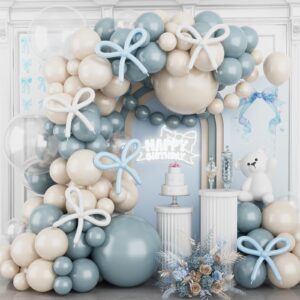 dusty baby blue balloon arch garland kit,120pcs ivory white retro blue bow balloons garland kit long balloon as bow decor for boy baby bridal shower birthday wedding party decorations