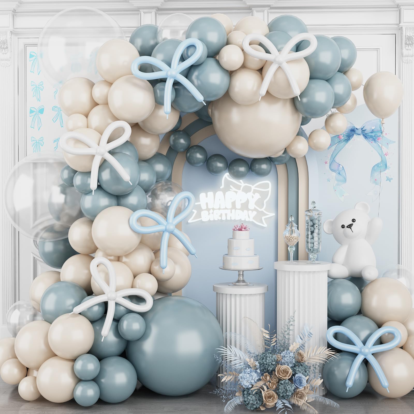 Dusty Baby Blue Balloon Arch Garland Kit,120Pcs Ivory White Retro Blue Bow Balloons Garland Kit Long Balloon as Bow Decor for Boy Baby Bridal Shower Birthday Wedding Party Decorations