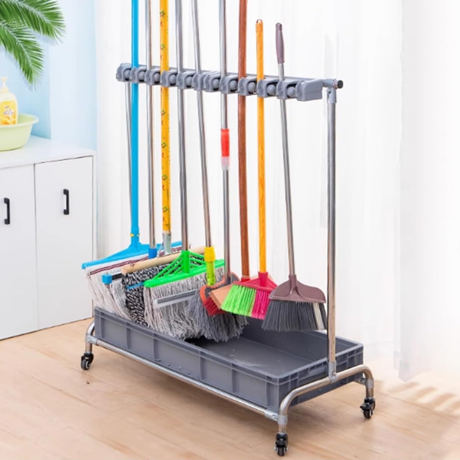 OMESDA Stainless Steel Mop Rack, Broom Holder Organizer, Movable Closet Storage Cabinet Janitor Carts On Wheels, Cleaning Supplies Organizer