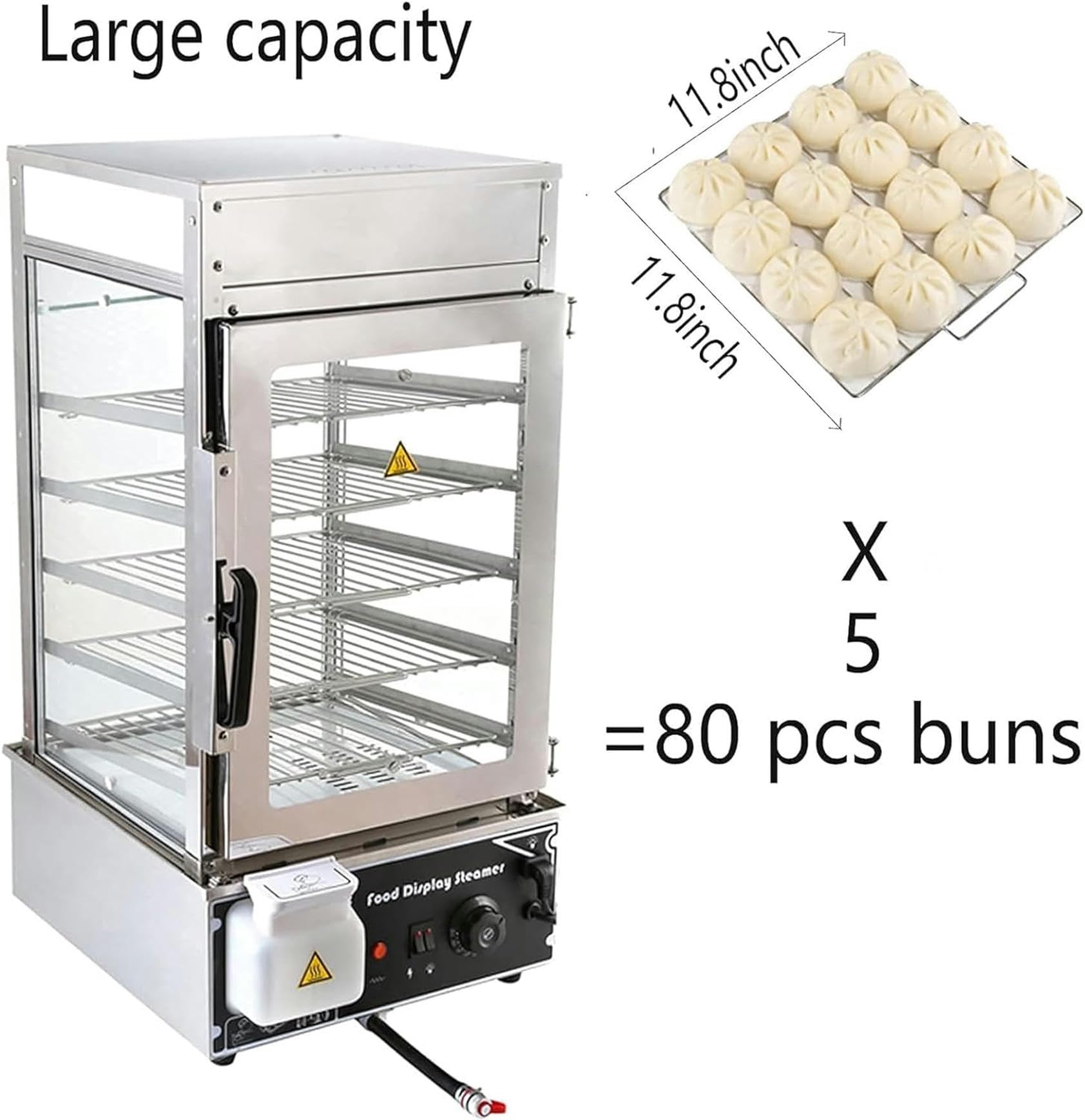 Electric Food Steamer, Steamed Buns Machine Warmer Showcase for Commercial, Top Load Hut Steamer with Water Level Tank