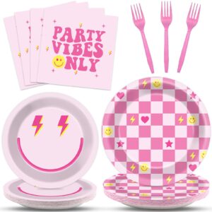 200pcs preppy party supplies pink smile face paper plates napkins preppy smile face party tableware set preppy smile face dinnerware for birthday party bachelor baby shower decoration serve 50