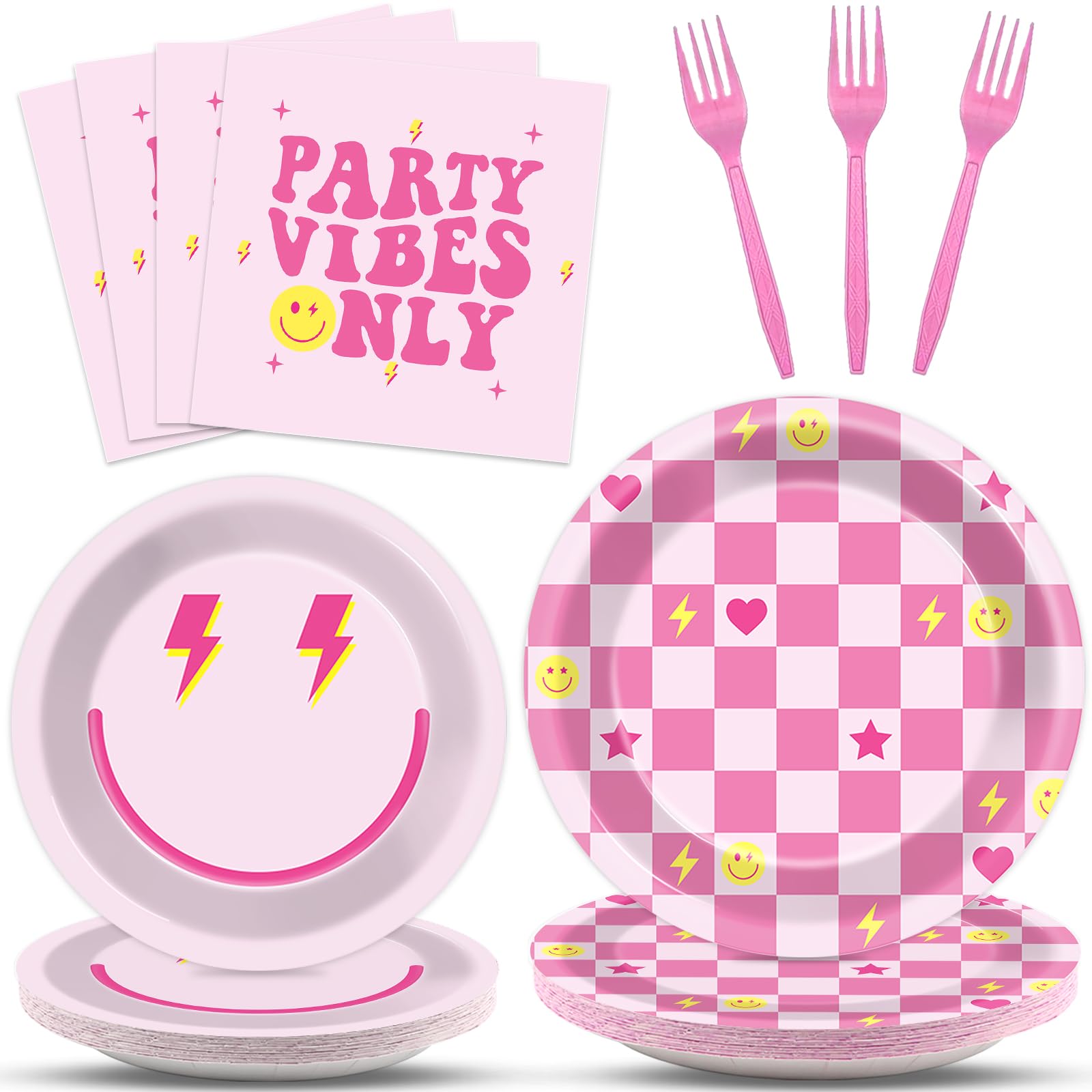 200Pcs Preppy Party Supplies Pink Smile Face Paper Plates Napkins Preppy Smile Face Party Tableware Set Preppy Smile Face Dinnerware for Birthday Party Bachelor Baby Shower Decoration Serve 50