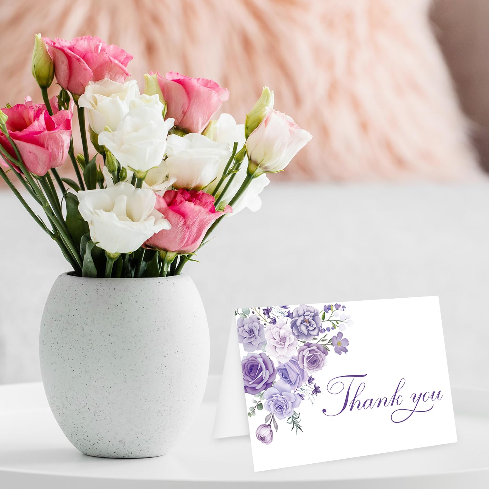 Whaline 24Pcs Lavender Floral Thank You Cards with Envelopes and Stickers Purple Floral Greeting Cards Elegant Flower Blank Note Cards for Party Supplies