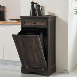 outguava 13 gallons tilt out trash cabinet freestanding kitchen trash bin cabinet wood garbage recycling cabinet with hideaway drawer pet proof trash can holder for kitchen living room, rustic brown