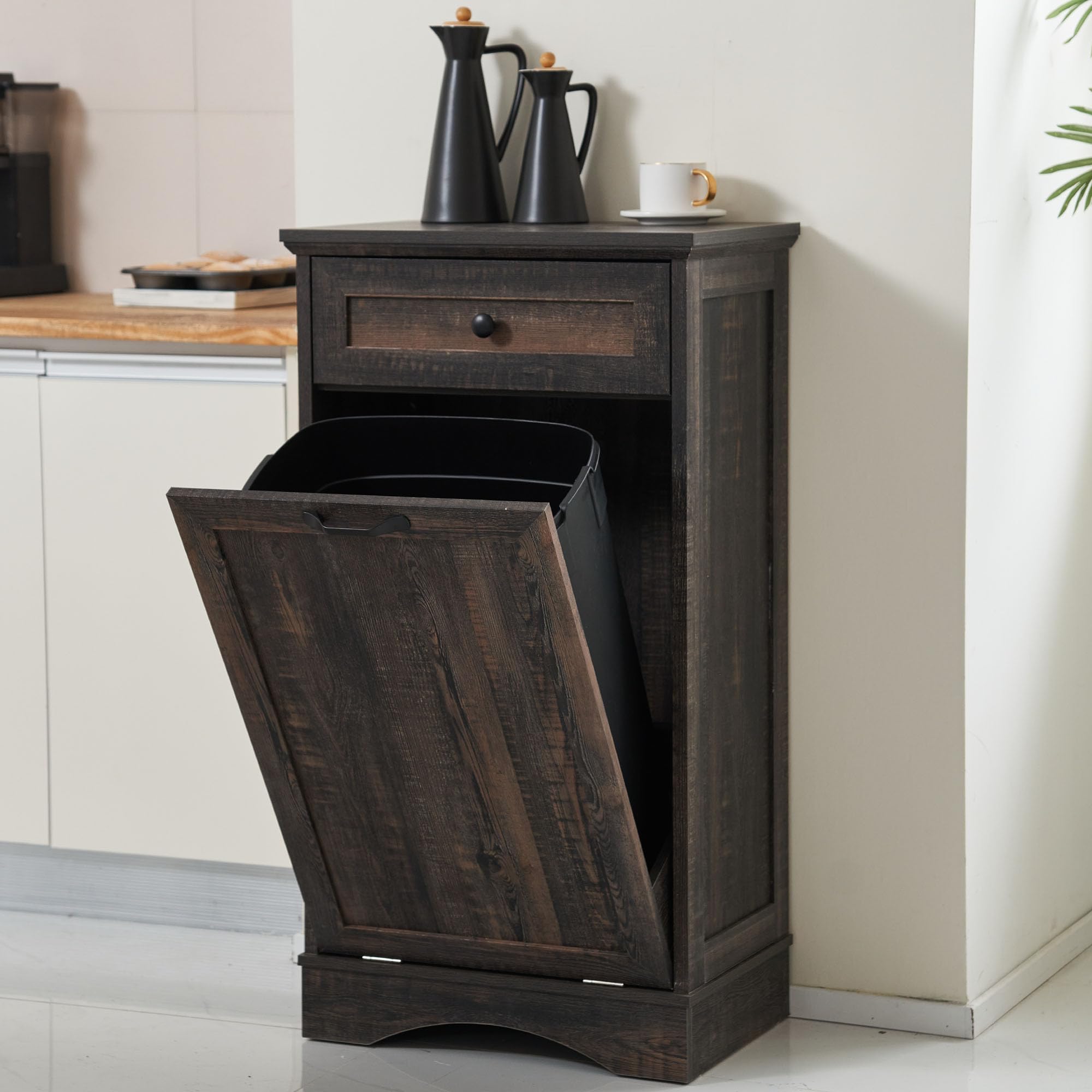 OUTGUAVA 13 Gallons Tilt Out Trash Cabinet Freestanding Kitchen Trash Bin Cabinet Wood Garbage Recycling Cabinet with Hideaway Drawer Pet Proof Trash Can Holder for Kitchen Living Room, Rustic Brown