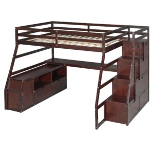 Full Size Loft Bed with Desk, Solid Wood Loft Bed Frame with 7 Drawers and 2 Shelves, Storage Cabinet, 68.3" High Loft Bed Frame with Storage Staircase, No Box Spring Required (Espresso/Full,90)