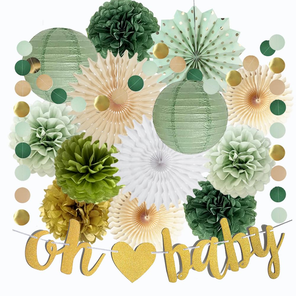 Olive Sage Green Baby Shower Decorations Oh Baby Banner Olive Green Gold Tissue Paper Pom Poms Circle Dots Hanging String Garland for Baby Girls Boys Adventure Baby Shower Party Decor