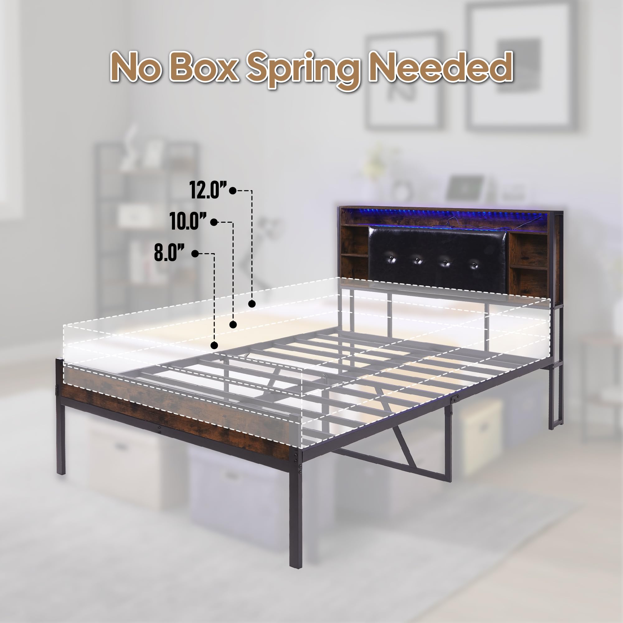 Full Size Bed Frame, Upholstered Metal Platform Bed Frame with Hidden Storage Headboard, & Charging Station, LED Double Bed Frame - No Box Spring Required, Easy Assembly, Quiet Sleep Experience