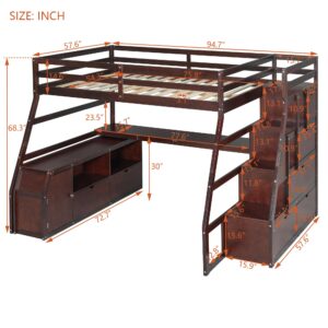 Full Size Loft Bed with Desk, Solid Wood Loft Bed Frame with 7 Drawers and 2 Shelves, Storage Cabinet, 68.3" High Loft Bed Frame with Storage Staircase, No Box Spring Required (Espresso/Full,90)