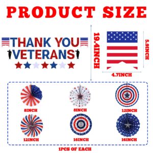 Veterans Day Decorations,Thank You Veterans Banner Happy Veterans Day Decorations Hanging Swirls and Red White Blue Paper Fans for Veterans Day Party Bulletin Board Indoors Patriotic Decorations