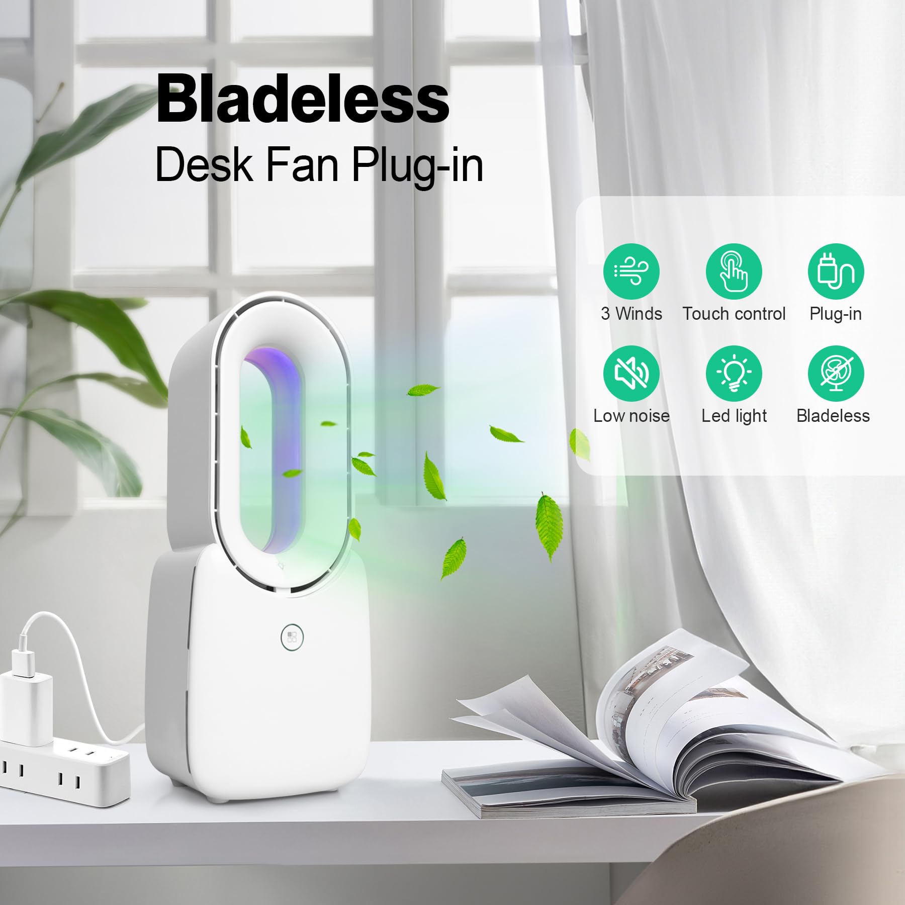 CONBOLA Desk Fan, Bladeless Fan 11.8 inch Small Personal Cooling Fan with 5 Colors LED Light, Touch Control, Quiet Table Fan for Bedroom, Home, Office