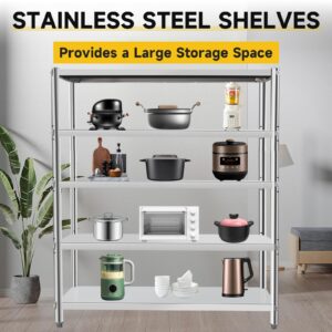 SGOLAN Stainless Steel Shelves 60x18x70 Inch Storage Rack 5 Tier Shelving Units and Storage Adjustable Stainless Steel Rack Shelving, Storage Shelves for Kitchen Commercial Office