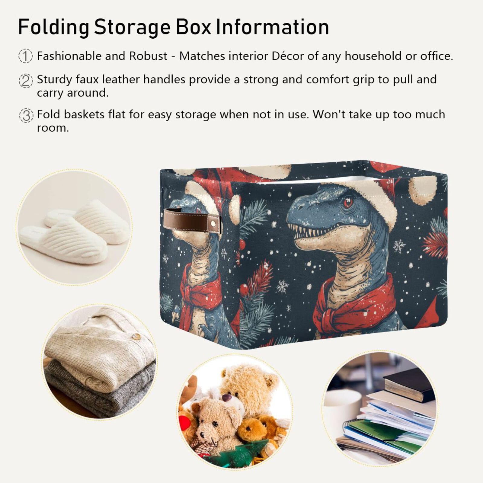 Nesatuwa Christmas Dinosaur Storage Baskets Rectangle Foldable Canvas Fabric Organizer Storage Boxes with Handles for Home Office Decorative Closet Shelves Clothes Storage,1 Pack