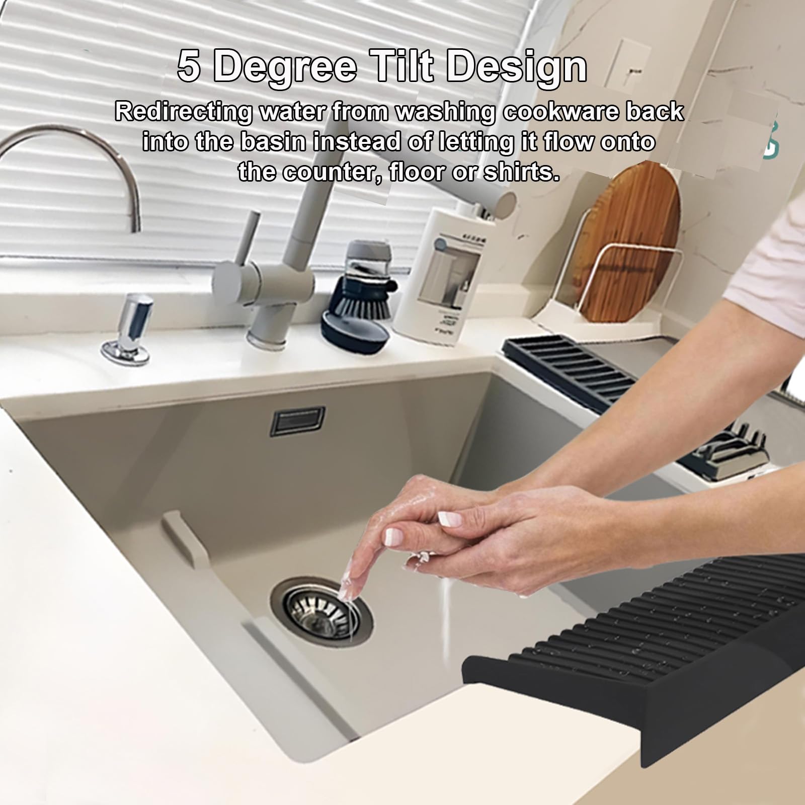 Silicone Sink Edge Protector ＆ Splash Guards - 4 IN x 20 IN Countertop Protectors for Kitchen Sink Bathtub Sink, Upgrade 5° Sink Counter Protector Countertop Splash Guard (Black)