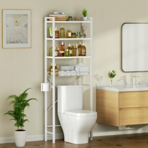 qujeon over the toilet storage shelf, above toilet bathroom shelves with toilet paper holder and 3-hooks, 4 tiers toilet rack for bathroom, fit most toilets, (white)