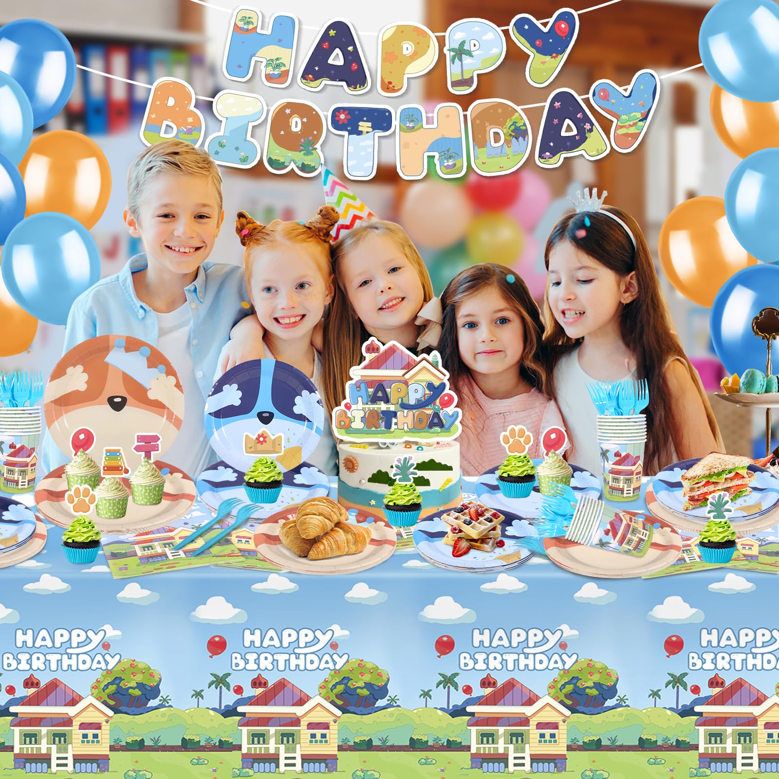 Blue Dog Birthday Party Supplies Serve 20 Guests, Blue Party Decoration Tableware with Blush Nude Orange Blue Balloons, Birthday Banners, Tablecloth, Plates, Napkins, Cups, Forks, Cake Toppers