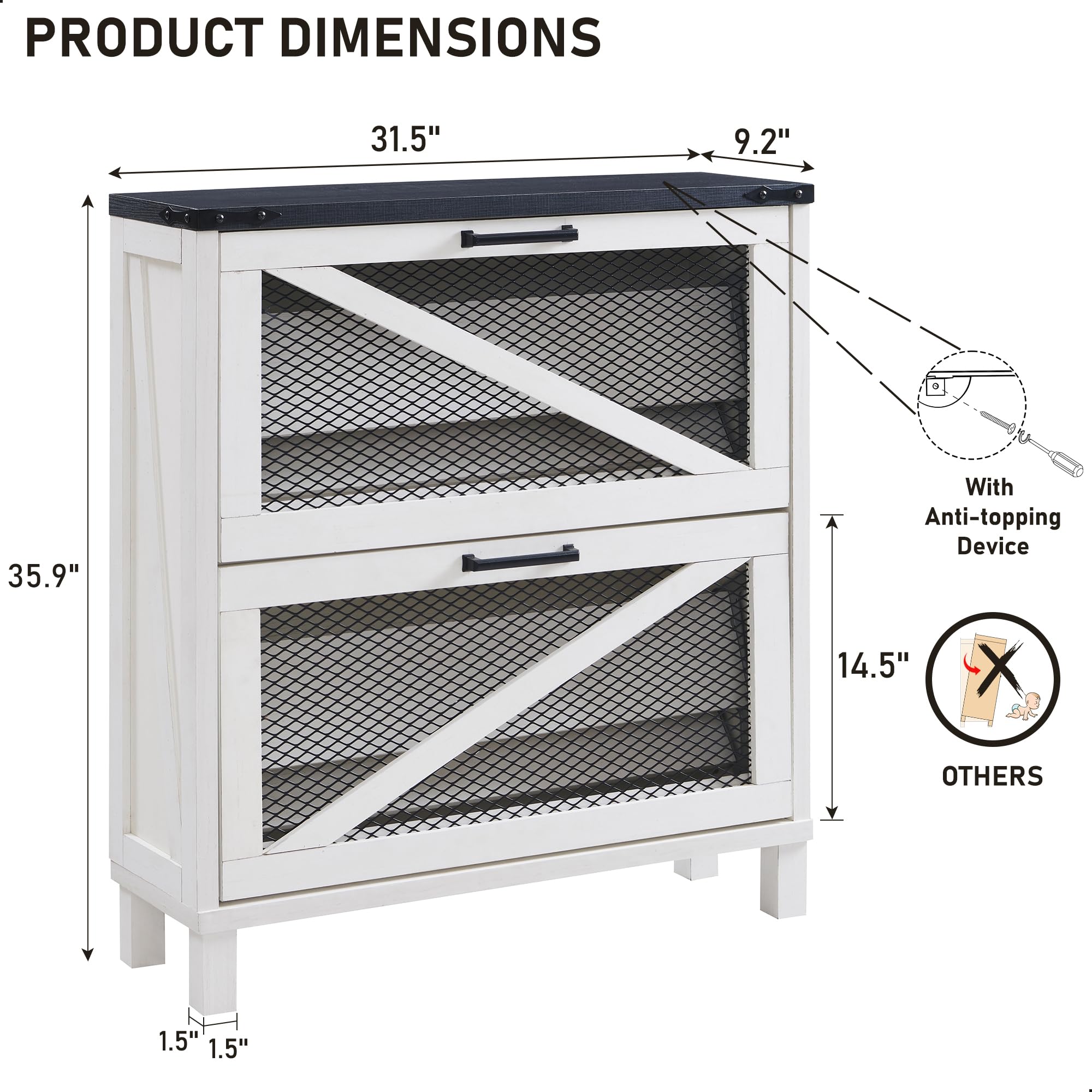 JXQTLINGMU Shoe Cabinet with 2 Flip Drawers, Farmhouse Shoe Storage Cabinet with Mesh Doors and Adjustable Shelves, Rustic Wooden Shoe Organizer, Small Shoe Cabinet Storage for Entryway, Off White