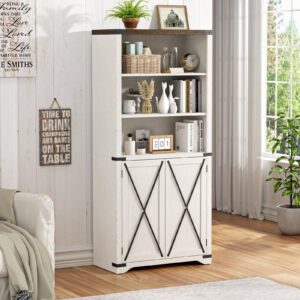 farmhouse bookshelves and bookcases with doors, antique white tall bookshelf with storage cabinet, kitchen pantry bathroom organizer, 5-tier country rustic display rack for living room, home, office