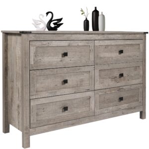 catmix farmhouse 6 drawers dresser, wood double dresser chest of drawers wide storage organizer cabinet for bedroom, living room, rustic grey