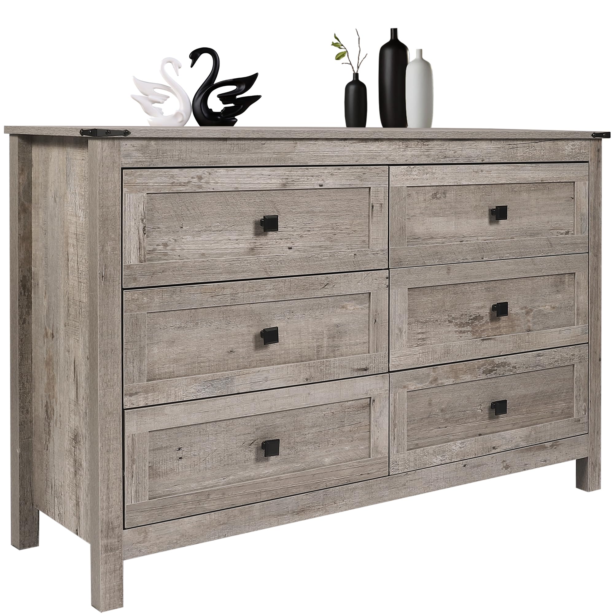 CATMIX Farmhouse 6 Drawers Dresser, Wood Double Dresser Chest of Drawers Wide Storage Organizer Cabinet for Bedroom, Living Room, Rustic Grey