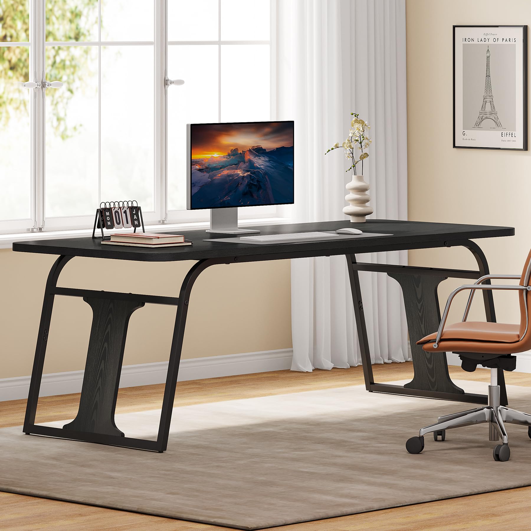 Tribesigns 63-Inch Home Office Desk, Modern Executive Desk with Sturdy Metal Legs, Large Computer Office Desk Workstation, Wooden Writing Table for Home Office, Black